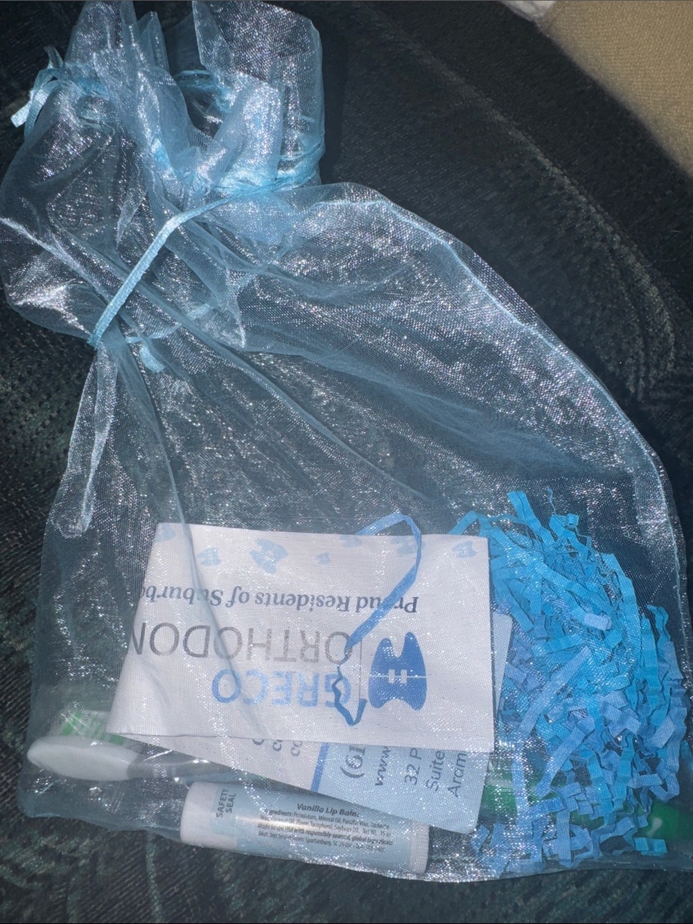 Unscented Blue Organza Gift Bag with Sample Lip Balm